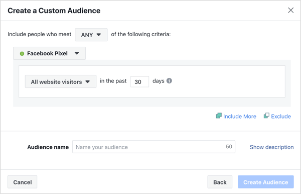 Predvolené nastavenia pre vytváranie vlastného publika na webe Facebook.