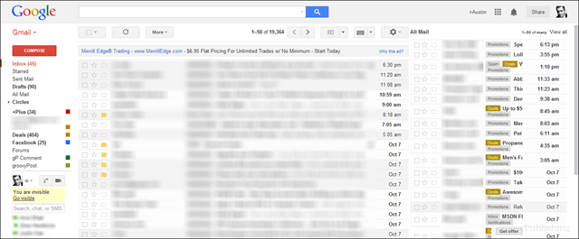 náhľad obrazovky gmail so všetkou poštou v 2. paneli vpravo