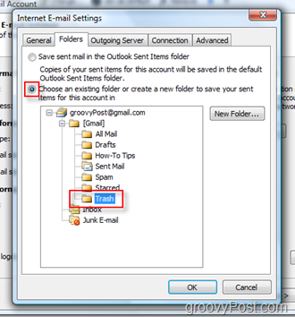 Nastavenie priečinka SEND Mail pre účet iMAP v programe Outlook 2007:: Vyberte priečinok Kôš