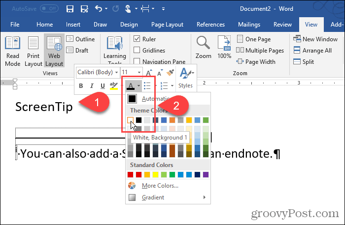 Zmeňte farbu číslice koncovej poznámky v programe Word