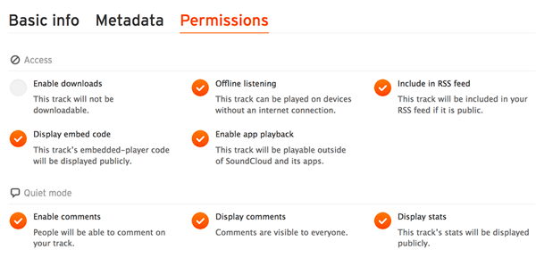 Na karte Povolenia skontrolujte, či je váš zvukový súbor zahrnutý vo vašom informačnom kanáli RSS SoundCloud.