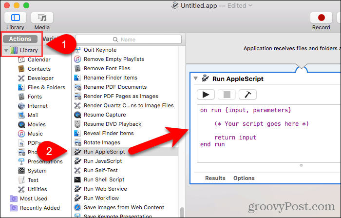 Potiahnite Spustiť AppleScript na panel pracovného toku v Automatore
