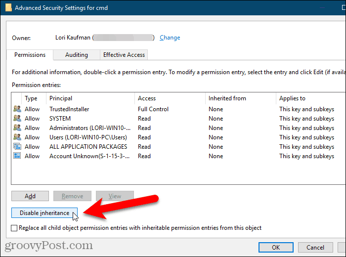 V dialógovom okne Rozšírené nastavenia zabezpečenia v databáze Registry systému Windows kliknite na položku Vypnúť dedičstvo