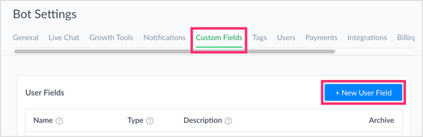 Kliknite na položku Vlastné polia a kliknutím na položku Nové pole používateľa vytvorte vlastné pole v ManyChat.
