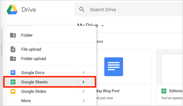Kliknite na nové tlačidlo vľavo a z rozbaľovacej ponuky vyberte možnosť Tabuľky Google.