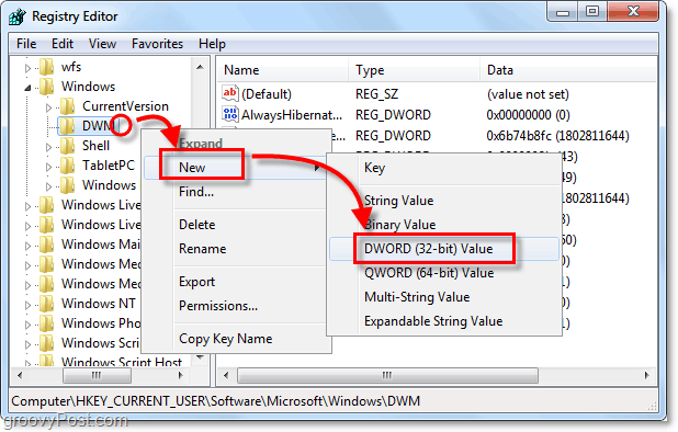 v systéme Windows 7 vytvorte nový kľúč dwm dword