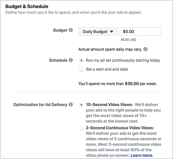 Možnosti rozpočtu a harmonogramu reklám na Facebooku zahŕňajú denný rozpočet a 10-sekundové zobrazenia.