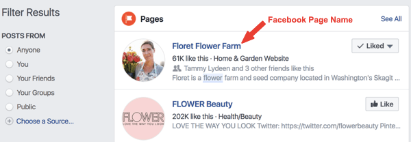 Ukážka facebookovej stránky s názvom Floret Flower Farm vo výsledkoch vyhľadávania.