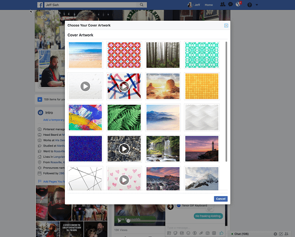 Facebook teraz umožňuje používateľom vybrať video pre profilový obrázok z knižnice Artwork. 