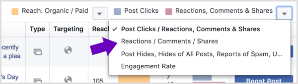 Kliknite na šípku vedľa položky Reakcie, komentáre a zdieľania vo vašich štatistikách stránok na Facebooku.