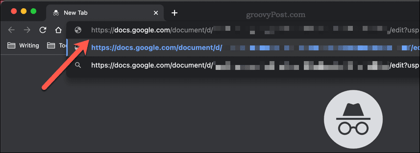 Prilepenie odkazu na zdieľanie služby Dokumenty Google do panela s adresou okna inkognito prehliadača Google Chrome
