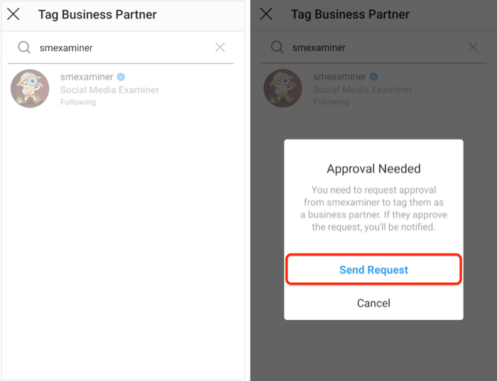 poslať žiadosť o schválenie obchodnému partnerovi na Instagrame