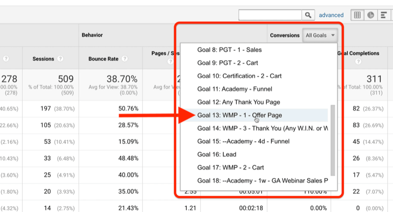 snímka obrazovky s cieľmi povedomia o stránke ponuky analytických služieb Google s ponukou konverzií zvýraznenou ako cieľ 13: wmp - bola zaznamenaná stránka s 1 ponukou