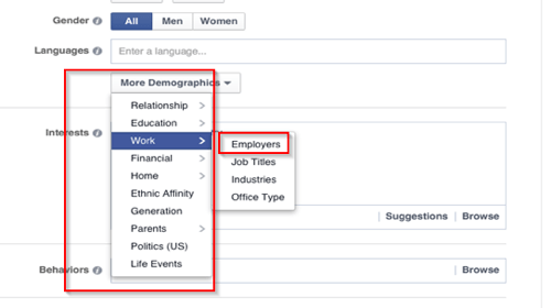 možnosti zacielenia na facebookovú reklamu na pracovisku