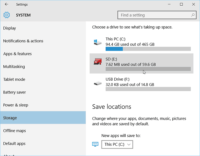 Nastavenia Ukladací systém Windows 10