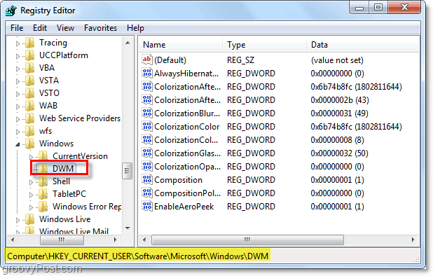 otvorte kľúč databázy Registry dwm v systéme Windows 7