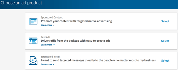 Vyberte typ reklamy LinkedIn, ktorú chcete vytvoriť.