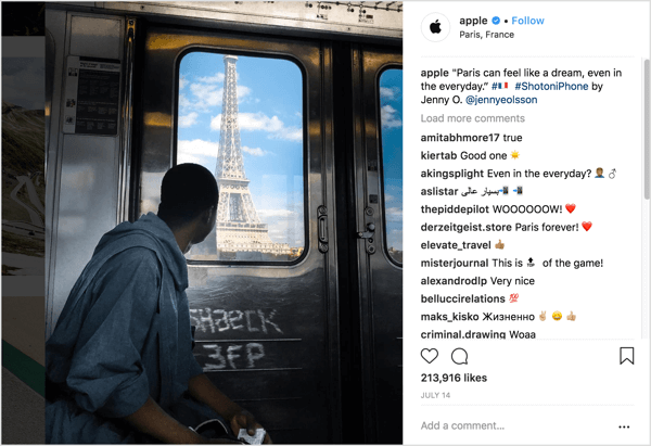 Účet Instagram spoločnosti Apple obsahuje fotografie fanúšikov, ktoré používatelia odosielajú pomocou hashtagu #shotbyiphone.