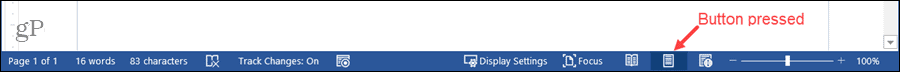 Stavový riadok aplikácie Word so stlačeným tlačidlom