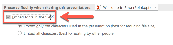 Možnosť vložiť písma v programe PowerPoint
