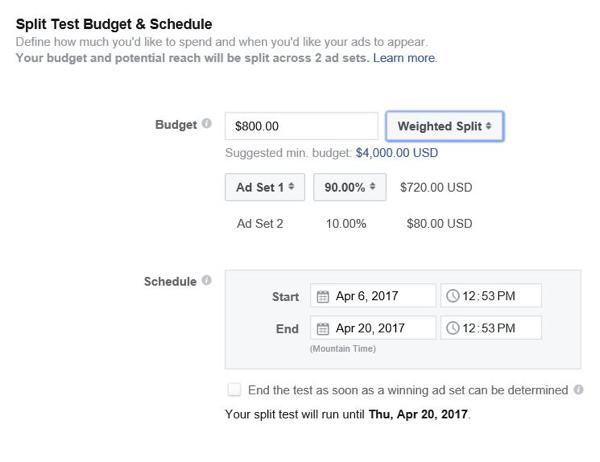 Facebook vám umožňuje ovládať, koľko rozpočtu chcete prideliť jednotlivým reklamným sadám.