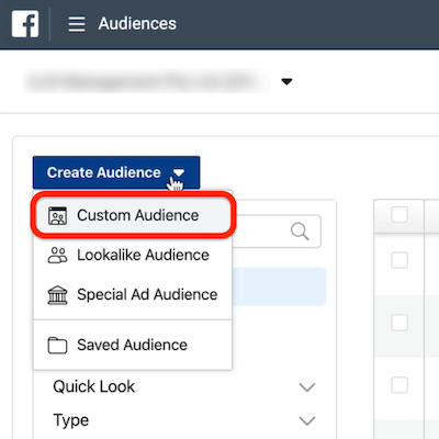 snímka obrazovky možnosti Vlastné publikum krúžená červenou farbou v rozbaľovacej ponuke Vytvoriť publikum v aplikácii Ads Manager