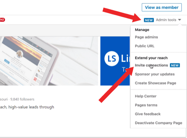 Pozvite spoločnosť Connections, aby sledovala vašu stránku LinkedIn, krok 1.