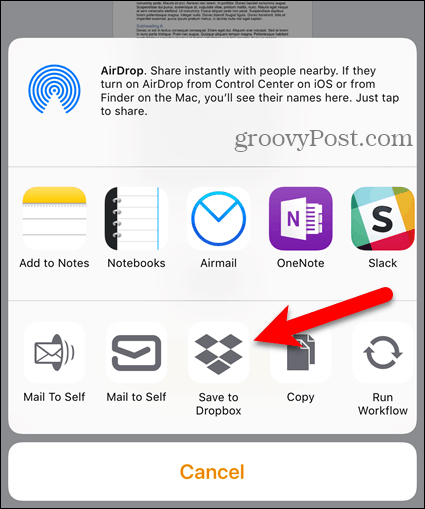 Klepnite na Dropbox na liste zdieľania v systéme iOS