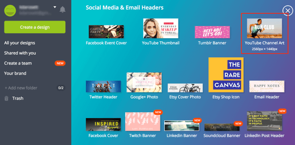 Spoločnosť Canva ponúka rôzne šablóny sociálnych médií, vrátane jednej pre grafiku kanálov YouTube.
