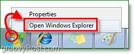 Ak chcete vstúpiť do Prieskumníka Windows 7, kliknite pravým tlačidlom myši na úvodnú guľu a potom kliknite na Prieskumník otvorených okien