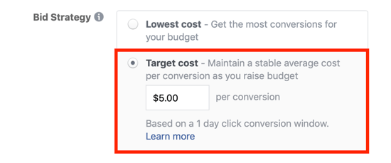 Možnosť ponúkania cieľových nákladov na Facebooku.