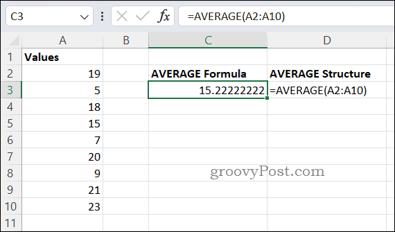 Príklad AVERAGE vzorca v Exceli