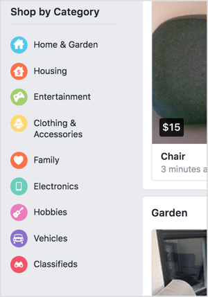 Facebook Marketplace vám umožňuje nakupovať podľa kategórií.