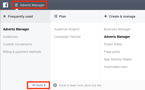 Prejdite do ponuky Facebook Ads Manager a vyberte položku Všetky nástroje.