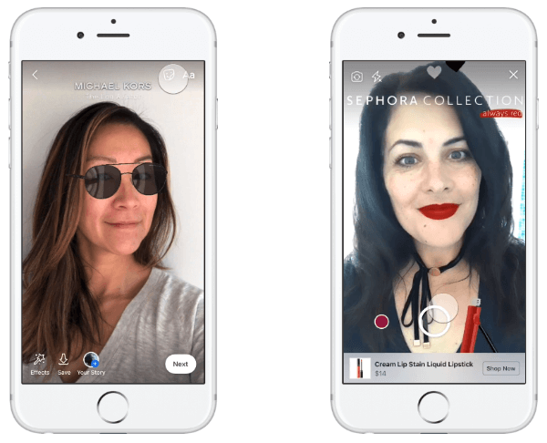 Michael Kors bol prvou značkou, ktorá testovala reklamy na AR v službe News Feed a umožnila ľuďom vyskúšať si slnečné okuliare a uskutočniť nákup na základe svojich skúseností.