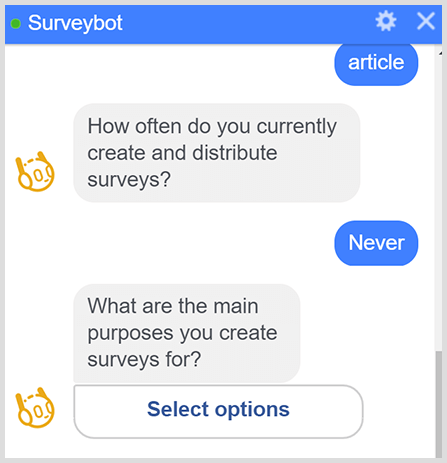 Robot Messenger kladie sériu otázok z prieskumu.