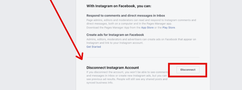 krok 2 pre odpojenie účtu Instagram v nastaveniach stránky na Facebooku