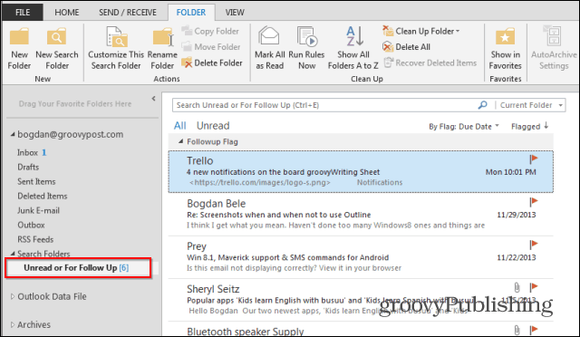 Priečinky vyhľadávania programu Outlook 2013 sledujú