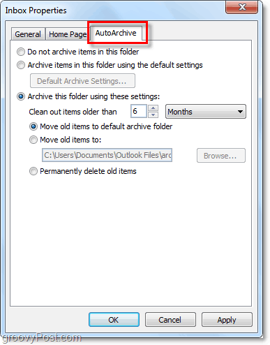 Karta priečinka automatickej archivácie programu Outlook 2010