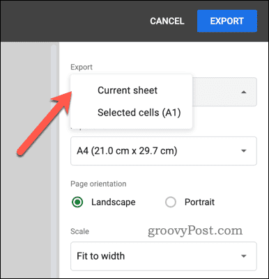 Výber možnosti exportu pre export PDF v Tabuľkách Google