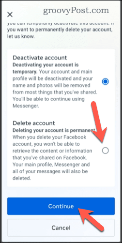Výber odstránenia účtu Facebook na mobilnom zariadení