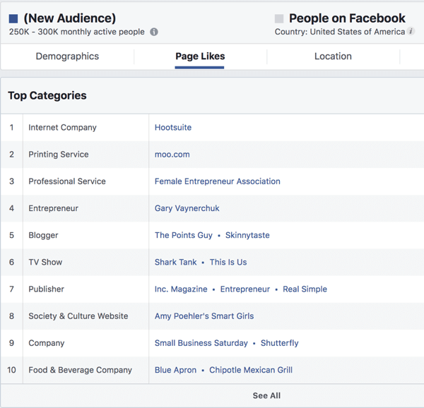 Stránka Páči sa záujmom publika v službe Facebook Ads Manager.