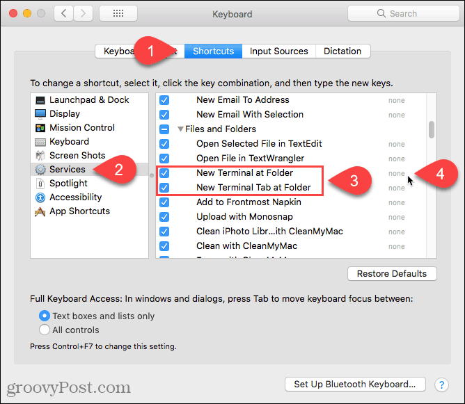 Kliknite na Žiadne, ak chcete pridať skratku do služby Nový terminál v priečinku na počítači Mac