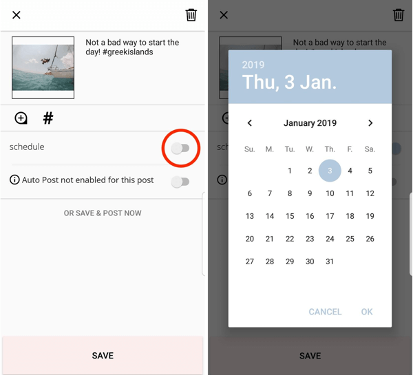 Ak chcete naplánovať príspevok prostredníctvom aplikácie Planoly, klepnite na možnosť, ktorú chcete naplánovať, a vyberte dátum a čas.