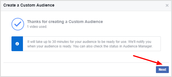 Facebook zobrazí správu, ktorá potvrdzuje, že vaše vlastné publikum je hotové.