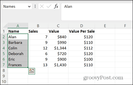 excel vybraný pomenovaný rozsah