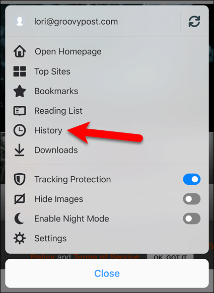 V prehliadači Firefox pre iOS klepnite na História