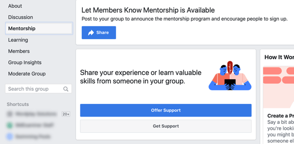 Ako vylepšiť svoju komunitu v skupine na Facebooku, možnosť mentorovania v skupine na Facebooku a príklad na ovládacom paneli 