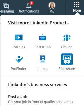 Mnoho priamych odkazov nájdete v sekcii LinkedIn na stránke Viac. Odtiaľto môžete tiež vytvoriť stránku spoločnosti.