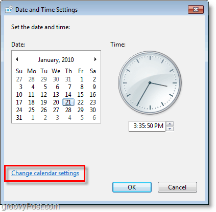 Snímka obrazovky systému Windows 7 - zmena nastavení kalendára